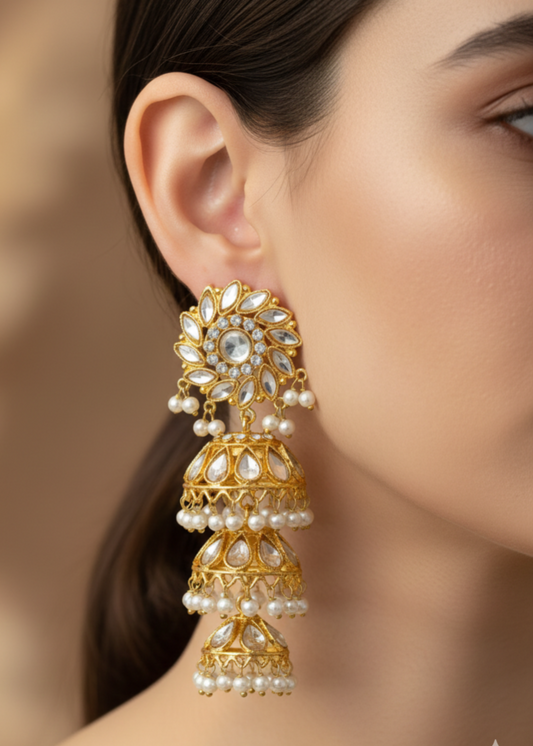 Afreen Triple-Tiered Royal Jhumkas by Zarosh Jewel