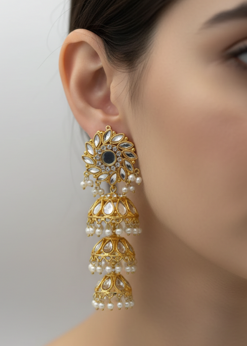 Shop the Afreen Triple-Tiered Royal Jhumkas from Zarosh Jewel