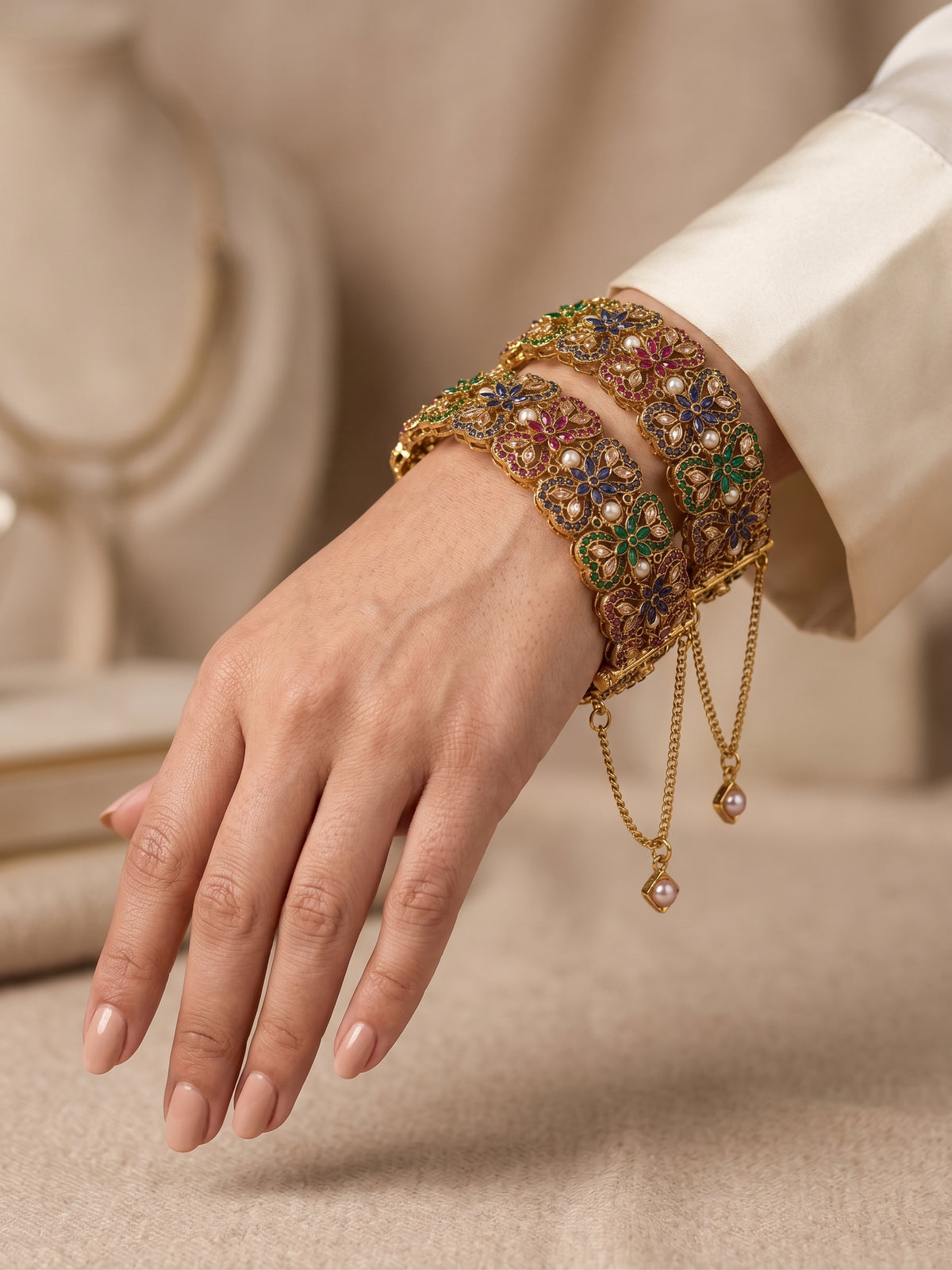 Shop the Iqra Royal Pearl Floral Karas from Zarosh Jewel