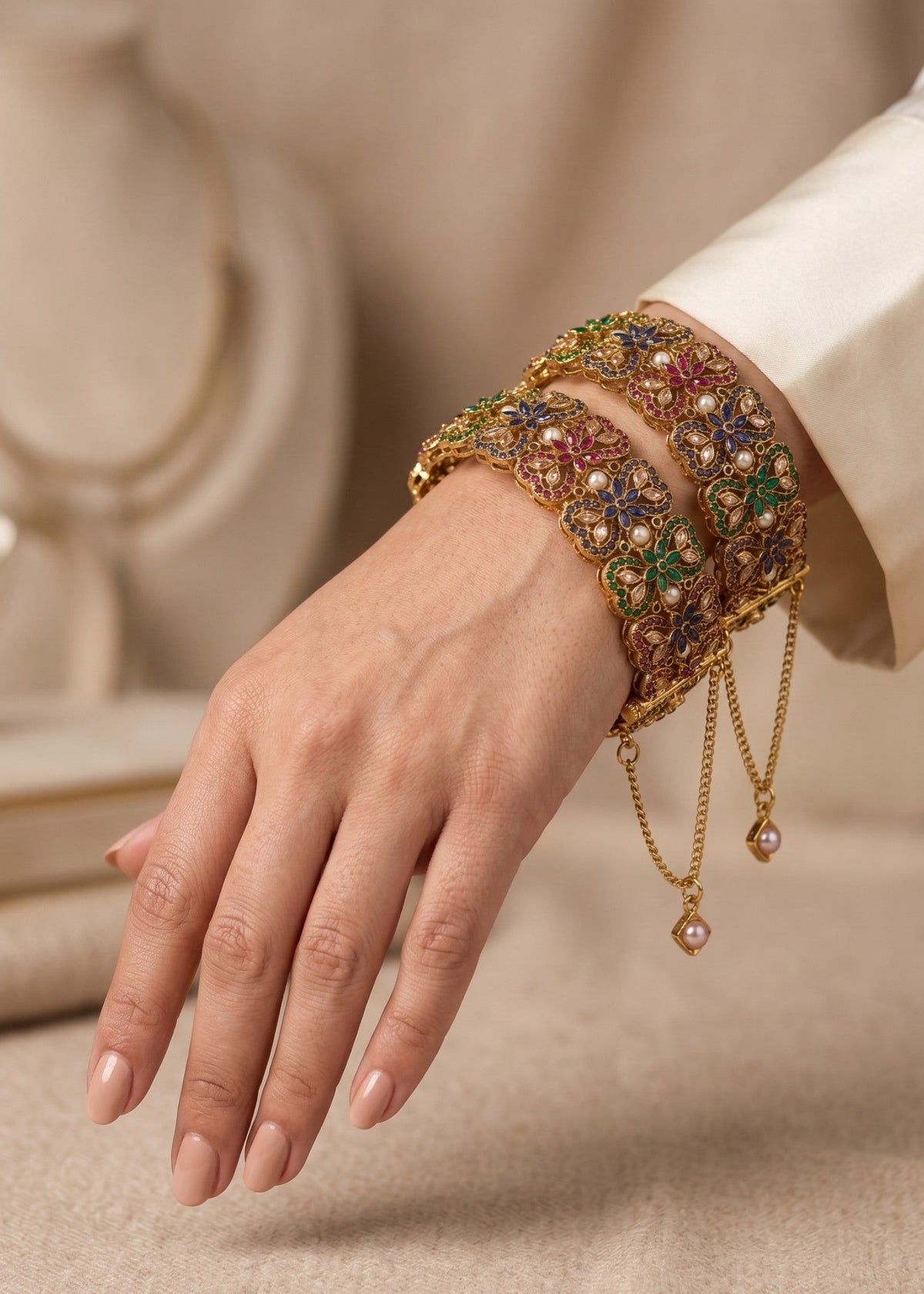 Shop the Iqra Royal Pearl Floral Karas from Zarosh Jewel