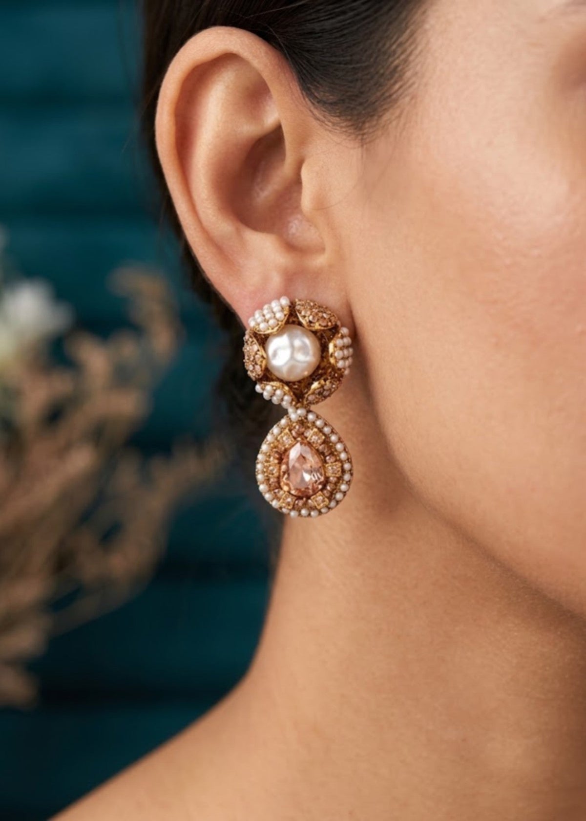 Kundan Pearl Drop Earrings by Zarosh Jewel