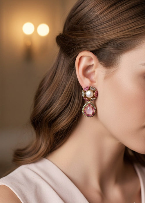 Shop the Kundan Pearl Drop Earrings from Zarosh Jewel