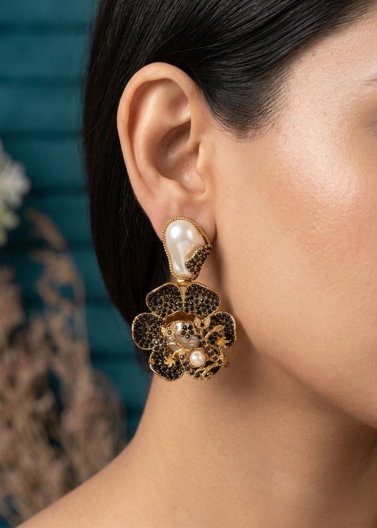 Shop the Noore Floral Pearl Earrings from Zarosh Jewel